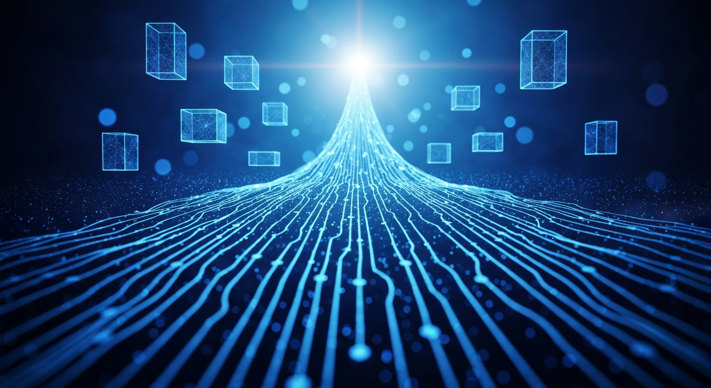 Generative AI visualization — neural network pathways and holographic data structures